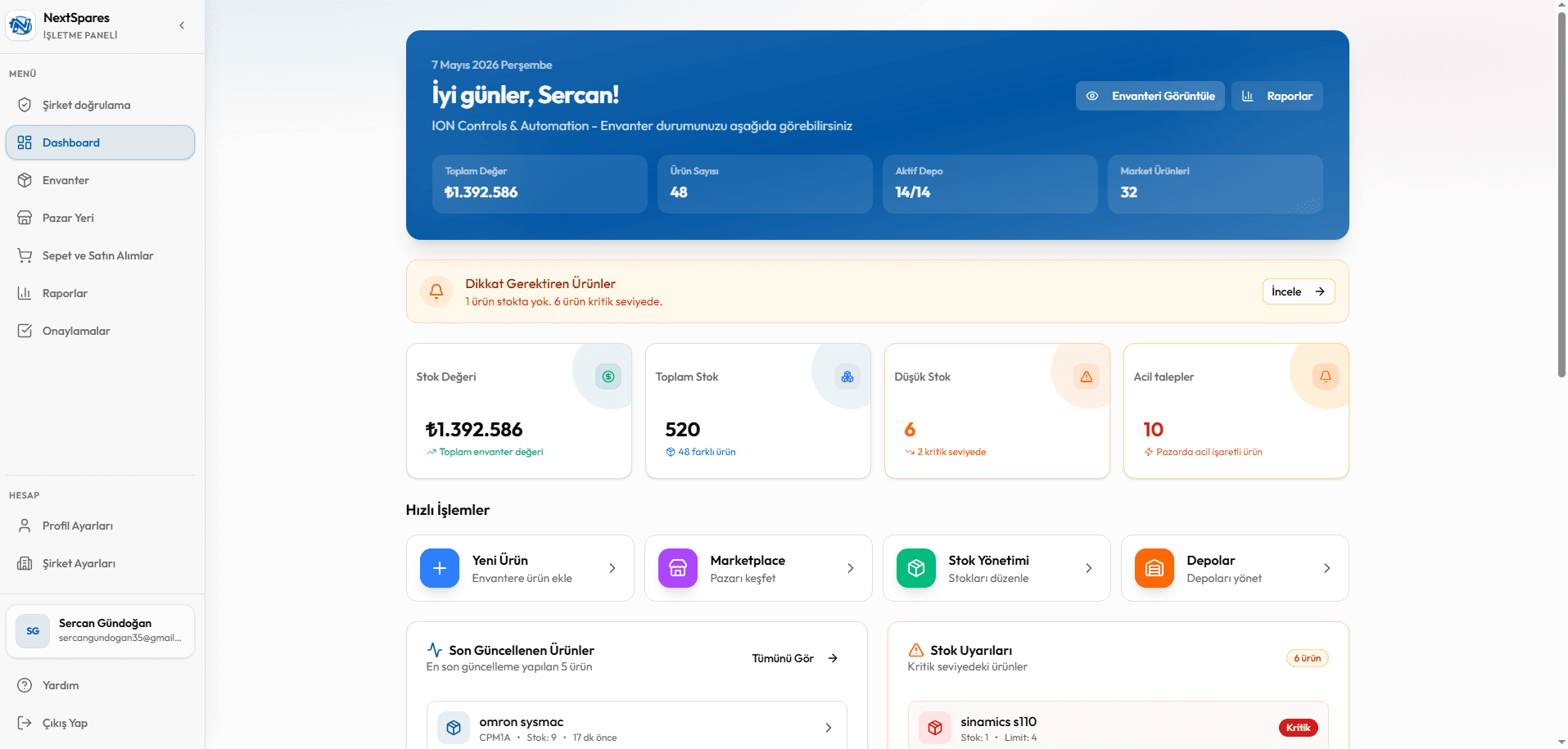 NextSpares Dashboard ekranı